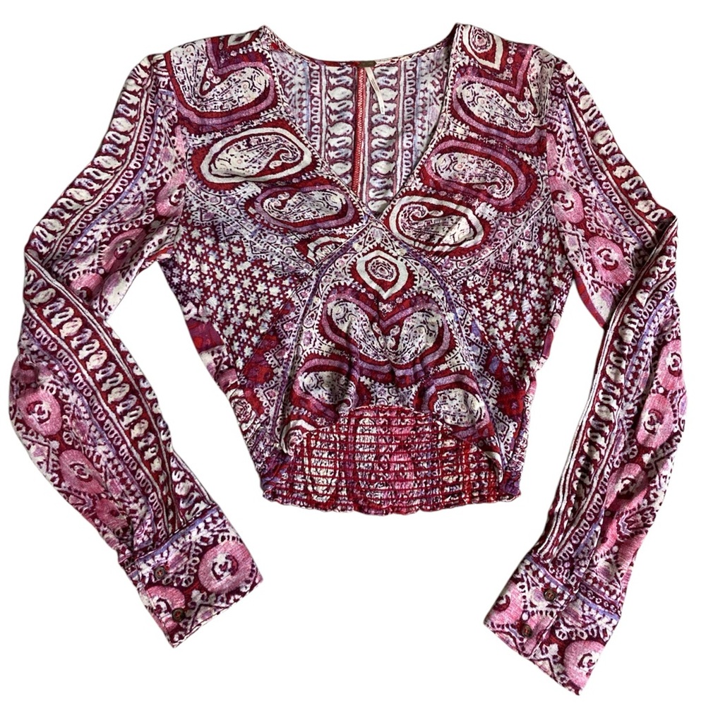 Womens Teens FREE PEOPLE Vneck Cropped Top Long Sleeved Size XS Pink Red